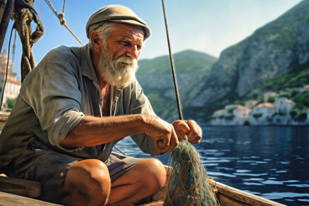 A gray-haired old man in a fishing boat sorts out nets for catching fish. An old seigneur fisherman in the bay catches fish. fishing industryの素材