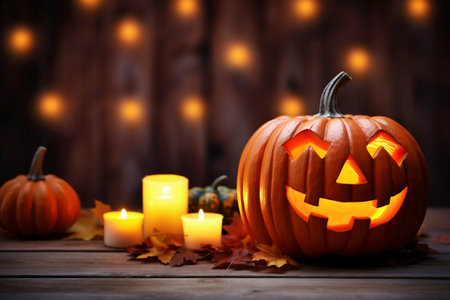 Halloween pumpkin head jack lantern on wooden backgroundの素材