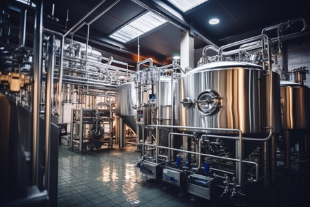Fermentation mash vats or boiler tanks in a brewery factory. Brewery plant interior. Factory for the production of beer. Modern production of draft drinks. selective focusの素材