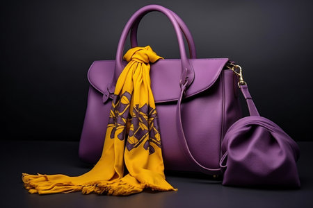 Women's bag and neckerchief. Fashionable women's things and accessories. Stylish purple women's bag and yellow cravats. Elegant women's clothesの素材