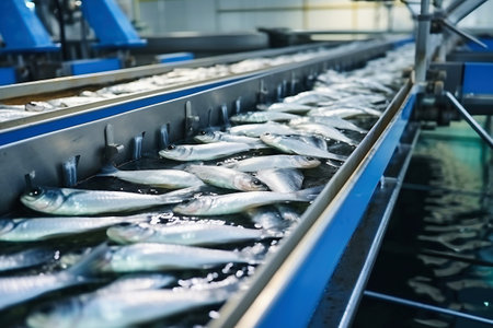 fish processing plant. production line. Raw sea fish on a factory conveyor. Production of canned fish. modern food industryの素材