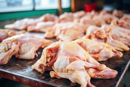 Poultry farm production of chicken meat. Industrial production and packaging of chicken meat. Chicken carcases and tenderloin. modern food industryの素材