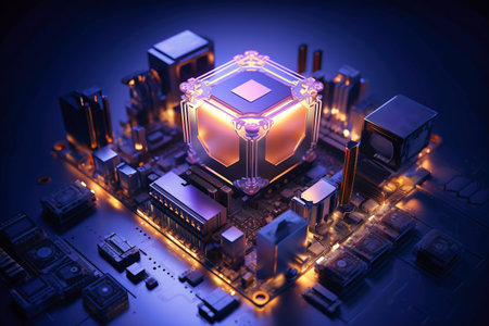 A powerful computer processor or chip on a motherboard. modern technologies. blue backgroundの素材