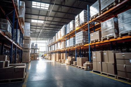 A large warehouse filled with neatly stacked boxes. selective focus. Large space for storing and moving goods. Logistics. Trade in the modern worldの素材