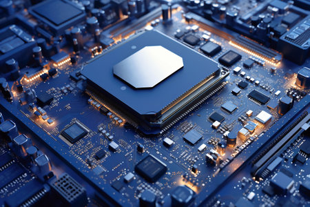 A powerful computer processor or chip on a motherboard. modern technologies. blue backgroundの素材