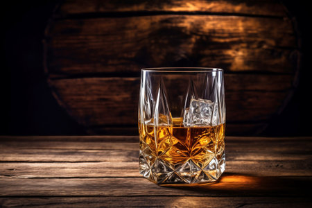 Whiskey drinks. You need to drink whiskey with ice then the whiskey tastes better of an oak barrel. Alcoholic drink with ice whiskey or cognac close-up on the background of an oak barrel for agingの素材