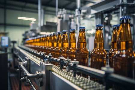 Factory for the production of beer. Brewery conveyor with glass beer drink alcohol bottles, modern production line. Blurred background. Modern production for bottling drinks. selective focusの素材