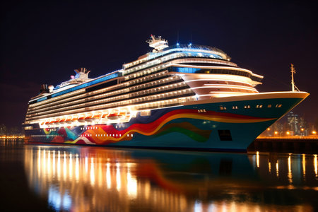 A huge cruise line travels across the sea. Sea travel vacation. Seascape overlooking a cruise liner. Passenger liner enters the port. Tourist travel in the oceanの素材