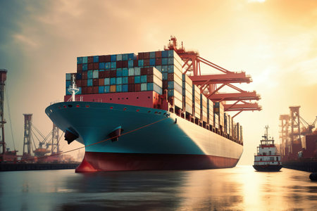 Global business logistics import-export cargo. Cargo ship with sea containers on board in the port. Transportation of goods across the ocean. Sea container ship is escorted by tugs to the portの素材