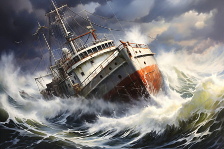 A cargo or fishing ship is caught in a severe storm. Ship at sea on big waves. The threat of shipwreck. element in the ocean. The hard work of a sailorの素材