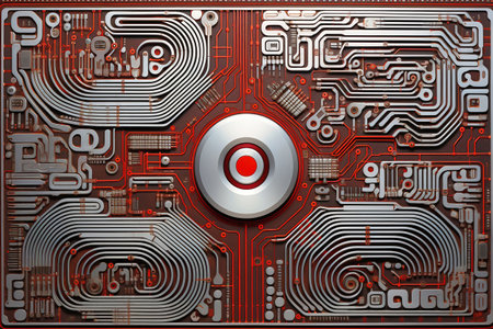 A powerful computer processor or chip on a motherboard. modern technologies. red backgroundの素材