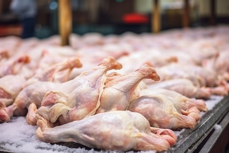 Poultry farm production of chicken meat. Industrial production and packaging of chicken meat. Chicken carcases and tenderloin. modern food industryの素材