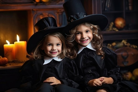 Two young girls dressed in black sitting next to each other. Joyful smiles of children on the eve of the holiday. Festive costume. Jack Lantern.の素材