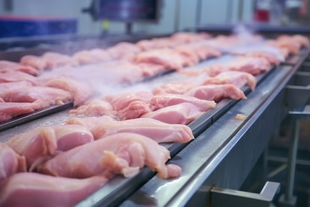 Poultry farm for the production of chicken meat. Industrial production and packaging of chicken meat. Chicken fillet and tenderloin on a conveyor in the workshop. modern food industryの素材