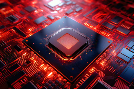A powerful computer processor or chip on a motherboard. modern technologies. red backgroundの素材