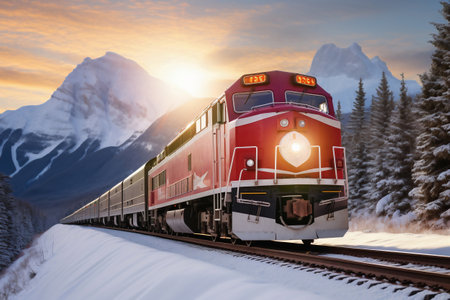 A painting of a train on a train track. A modern freight locomotive moves through a snow-covered forest in the mountains in winter on railway rails. Transportation of goods by railの素材