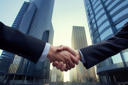 Businessmen shaking hands on abstract city background. teamwork concept. Closing a business deal. Confirmation of the contract with a handshakeの素材