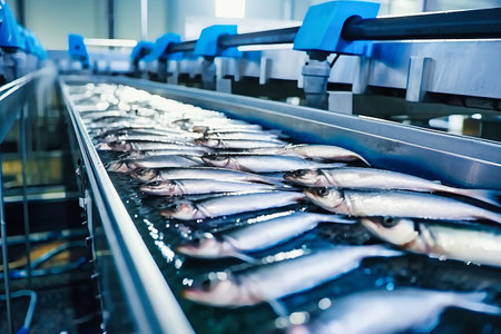 fish processing plant. production line. Raw sea fish on a factory conveyor. Production of canned fish. modern food industryの素材