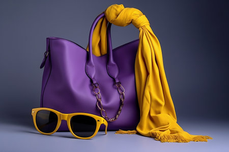 Women's bag and neckerchief. Fashionable women's things and accessories. Stylish purple women's bag and yellow cravats. Elegant women's clothesの素材