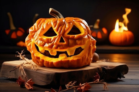 A carved pumpkin sitting on top of a piece of wood. Halloween hamburger. Festive meals. Jack lantern.の素材