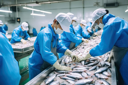 fish processing plant. production line. People sort the fish moving along the conveyor. Sorting and preparation of fish. Production of canned fish. modern food industryの素材
