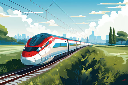 A modern high-speed train moves along the railway tracks against the background of the field. high-speed passenger rail transportの素材