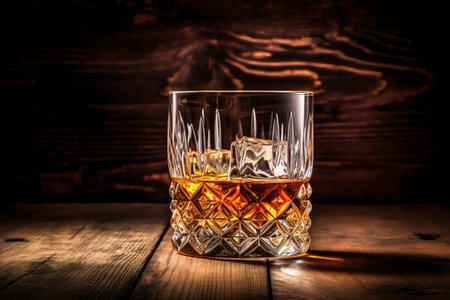 Whiskey drinks. You need to drink whiskey with ice then the whiskey tastes better of an oak barrel. Alcoholic drink with ice whiskey or cognac close-up on the background of an oak barrel for agingの素材