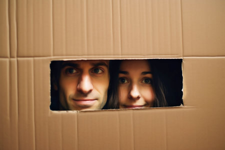 Young happy married couple in their new home after moving in. Unpacking boxes after moving into a new apartment. new homeowners. Mortgage. rental propertyの素材