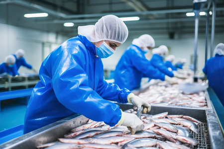 fish processing plant. production line. People sort the fish moving along the conveyor. Sorting and preparation of fish. Production of canned fish. modern food industryの素材
