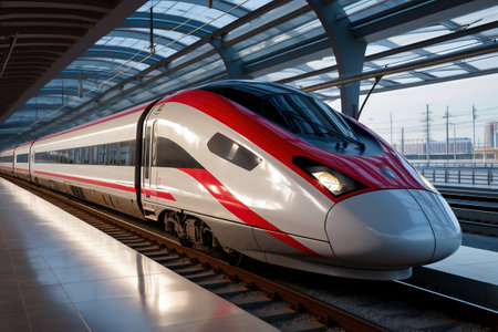 Red and white modern high-speed train on a railway platform. Boarding platform at the railway station. high-speed transportの素材
