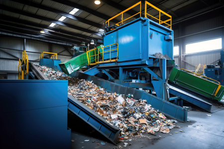 Waste sorting plant. Many different conveyors and bins. conveyors filled with various household waste. Waste disposal and recycling. Waste processing plantの素材