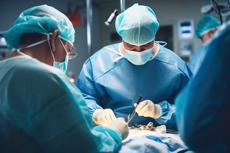 Photo of surgeons performing a complex surgery in a modern operating room. A group of surgeons performing surgery on a patientの素材