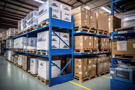 A large warehouse filled with neatly stacked plastic containers and boxes. Large space for storing and moving goods. logistics. Trade in the modern worldの素材