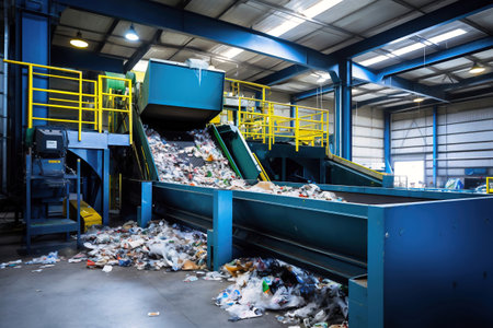 Waste sorting plant. Many different conveyors and bins. conveyors filled with various household waste. Waste disposal and recycling. Waste processing plantの素材