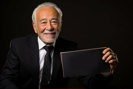 A senior man of European appearance in a business suit is holding a sign or paper. Gray-haired old man. copyspace. pension reform. happy old age and retirement. accumulative pension systemの素材