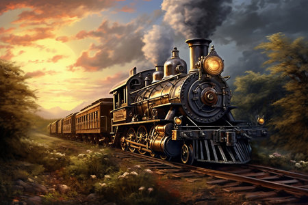 A train traveling down train tracks next to a lush green field. Smoke from the chimney of a retro trainの素材