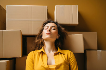 A young tired woman lies on boxes of things in her new home after moving in. Unpacking boxes after moving into a new apartment. new homeowners. Mortgage. rental propertyの素材