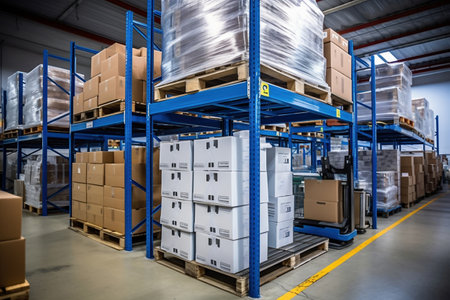A large warehouse filled with neatly stacked plastic containers and boxes. Large space for storing and moving goods. logistics. Trade in the modern worldの素材