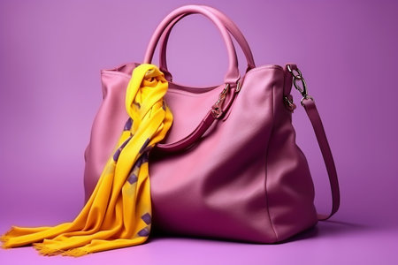 Women's bag and neckerchief. Fashionable women's things and accessories. Stylish pink women's bag and yellow cravats. Elegant women's clothesの素材