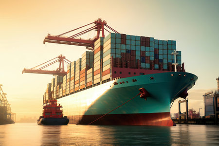 Global business logistics import-export cargo. Cargo ship with sea containers on board in the port. Transportation of goods across the ocean. Sea container ship is escorted by tugs to the portの素材