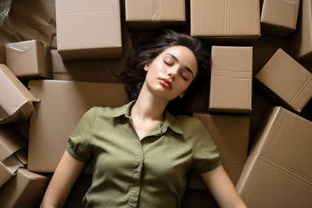 A young tired woman lies on boxes of things in her new home after moving in. Unpacking boxes after moving into a new apartment. new homeowners. Mortgage. rental propertyの素材