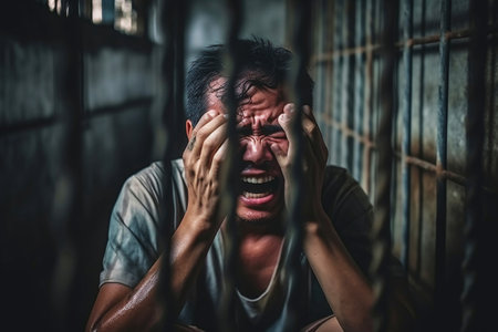 Male prisoner in a cell behind bars. Young man in prison. An Asian prisoner is crying in his cellの素材