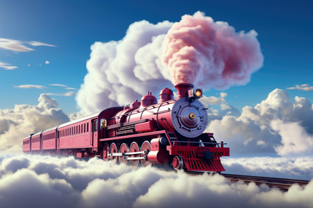 A pink train traveling through a cloudy blue sky. Smoke from the chimney of a retro locomotiveの素材