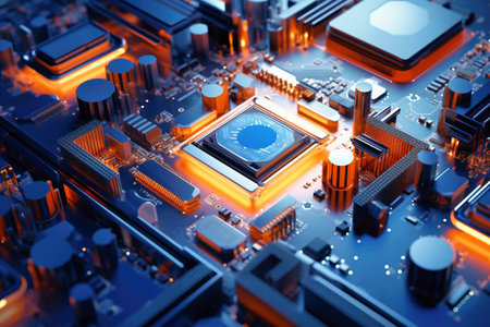 A powerful computer processor or chip on a motherboard. modern technologies. blue backgroundの素材