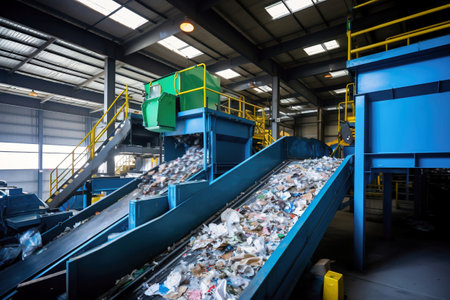 Waste sorting plant. Many different conveyors and bins. conveyors filled with various household waste. Waste disposal and recycling. Waste processing plantの素材