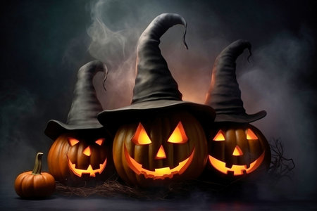 Creepy Halloween grinning pumpkins glow in the dark among the fog. jack-o-lantern in a witch hat on a black background in smokeの素材