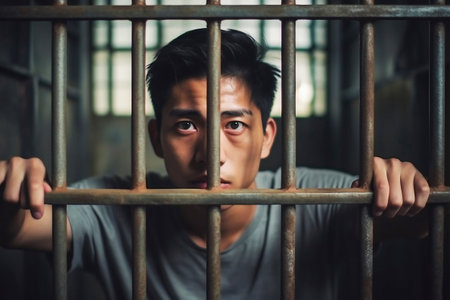 An Asian male prisoner in a cell behind bars. Chinese guy behind bars. The pain and suffering of the prisoner. Judgment. Hopelessnessの素材
