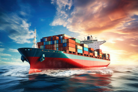 Global business logistics of import-export cargo. Cargo ship with sea containers on board in the port. Transportation of goods across the ocean. Ship with containers in the oceanの素材