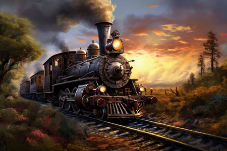 A train traveling down train tracks next to a lush green field. Smoke from the chimney of a retro trainの素材