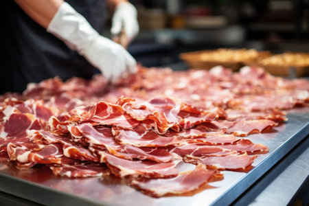 Meat processing plant. A worker sorts cold cuts on a conveyor belt. Arrival of jamon or cold cuts. Production of pork or beef in a modern enterprise.の素材